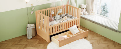 Convertible Crib/Full Size Bed with Drawers and 3 Height Options, Natural