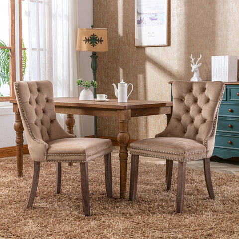 Nikki Collection Modern, High-end Tufted Solid Wood Contemporary Velvet Upholstered Dining Chair with Wood Legs Nailhead Trim 2-Pcs Set, Khaki, SW2001KK