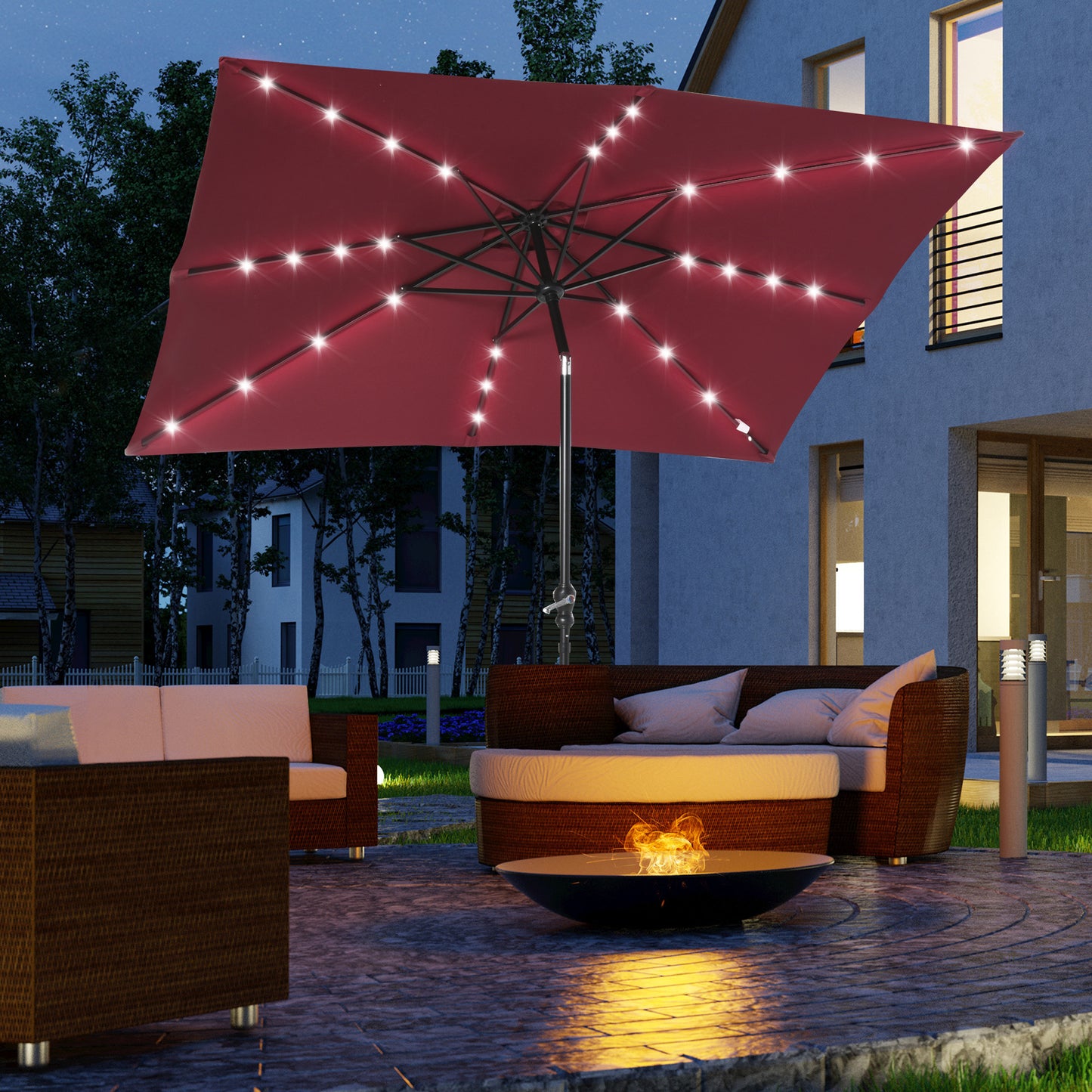 Outsunny 9' x 7' Solar Umbrella, LED Lighted Patio Umbrella for Table or Base with Tilt & Crank, Outdoor Umbrella for Garden, Deck, Backyard, Pool, Beach, Wine Red