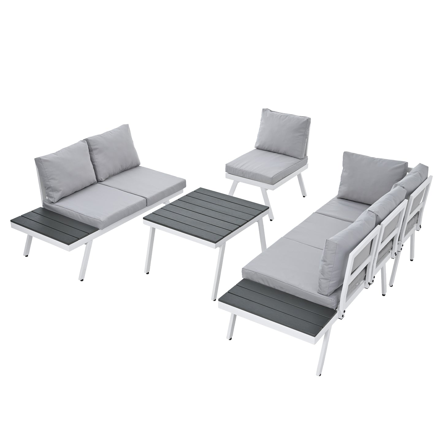 TOPMAX Industrial 5-Piece Aluminum Outdoor Patio Furniture Set, Modern Garden Sectional Sofa Set with End Tables, Coffee Table and Furniture Clips for Backyard, White+Grey