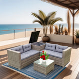 4 Piece Patio Sectional Wicker Rattan Outdoor Furniture Sofa Set with Storage Box Grey