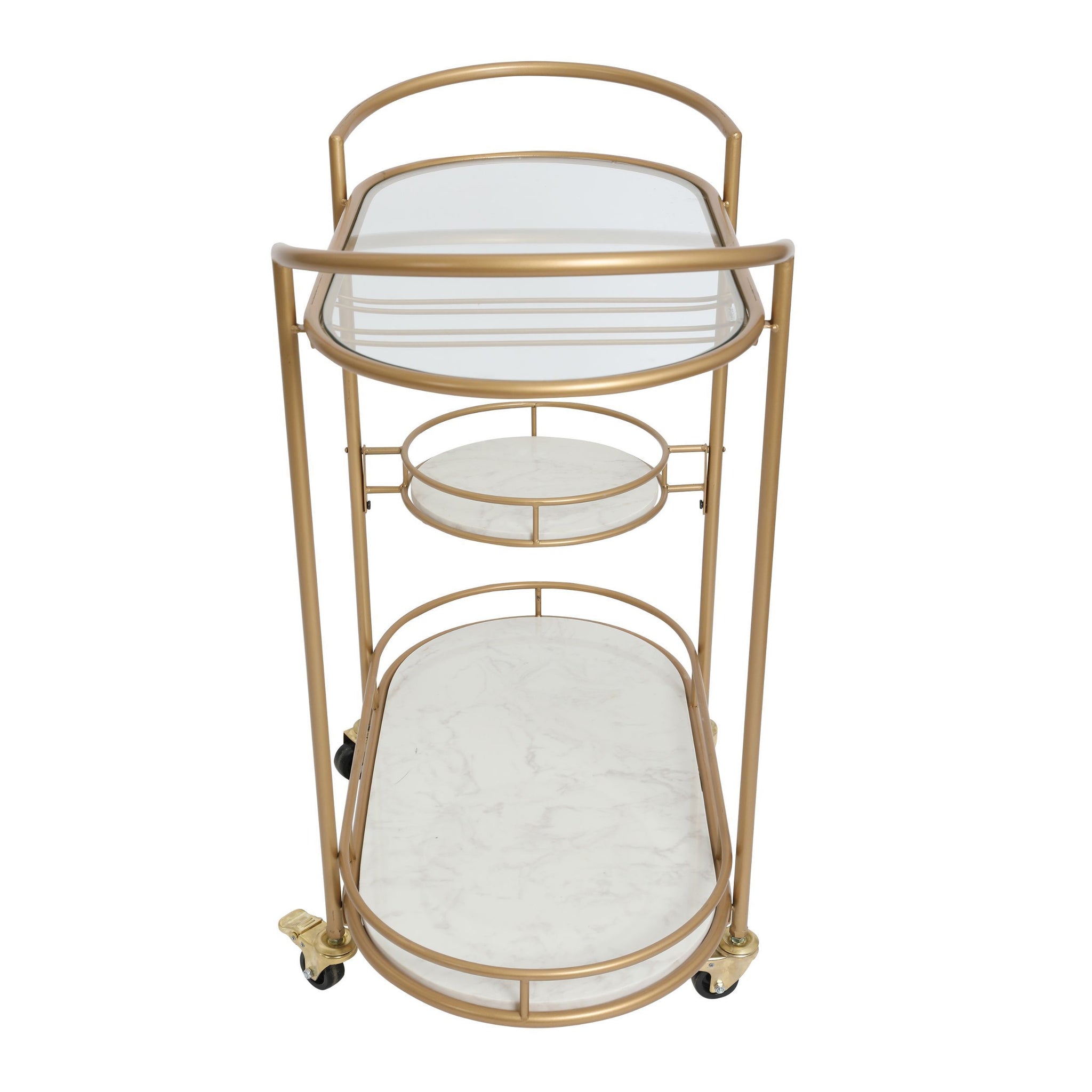 30 Inch 3 Tier Bar Cart with Matte Gold Metal Frame, White Marble and Glass Shelves