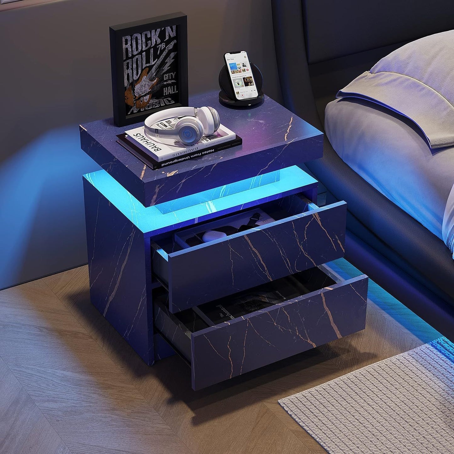 Nightstand LED Bedside Table Cabinet Lights Modern End Side with 2 Drawers for Bedroom (Blue Gold)