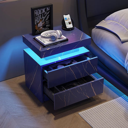 Nightstand LED Bedside Table Cabinet Lights Modern End Side with 2 Drawers for Bedroom (Blue Gold)