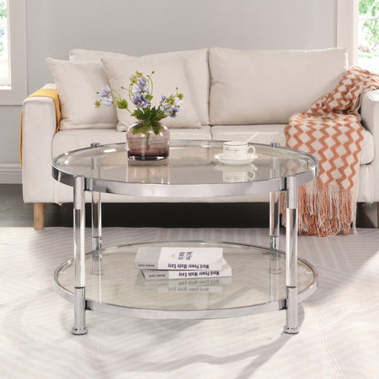 W82153572 Contemporary Acrylic Coffee Table, 32.3'' Round Tempered Glass Coffee Table, Chrome/Silver  Coffee Table for Living Room