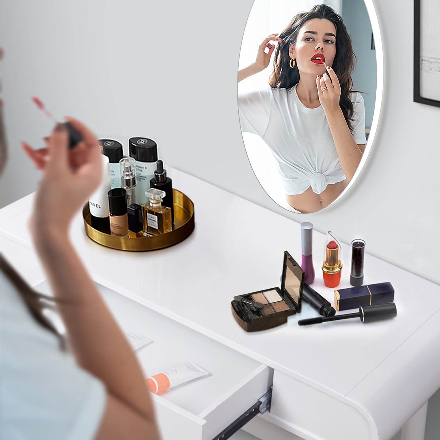 White Makeup Vanity Set with Stool, High Gloss Finish Dressing Table with Solid Stool,without Mirror!!!