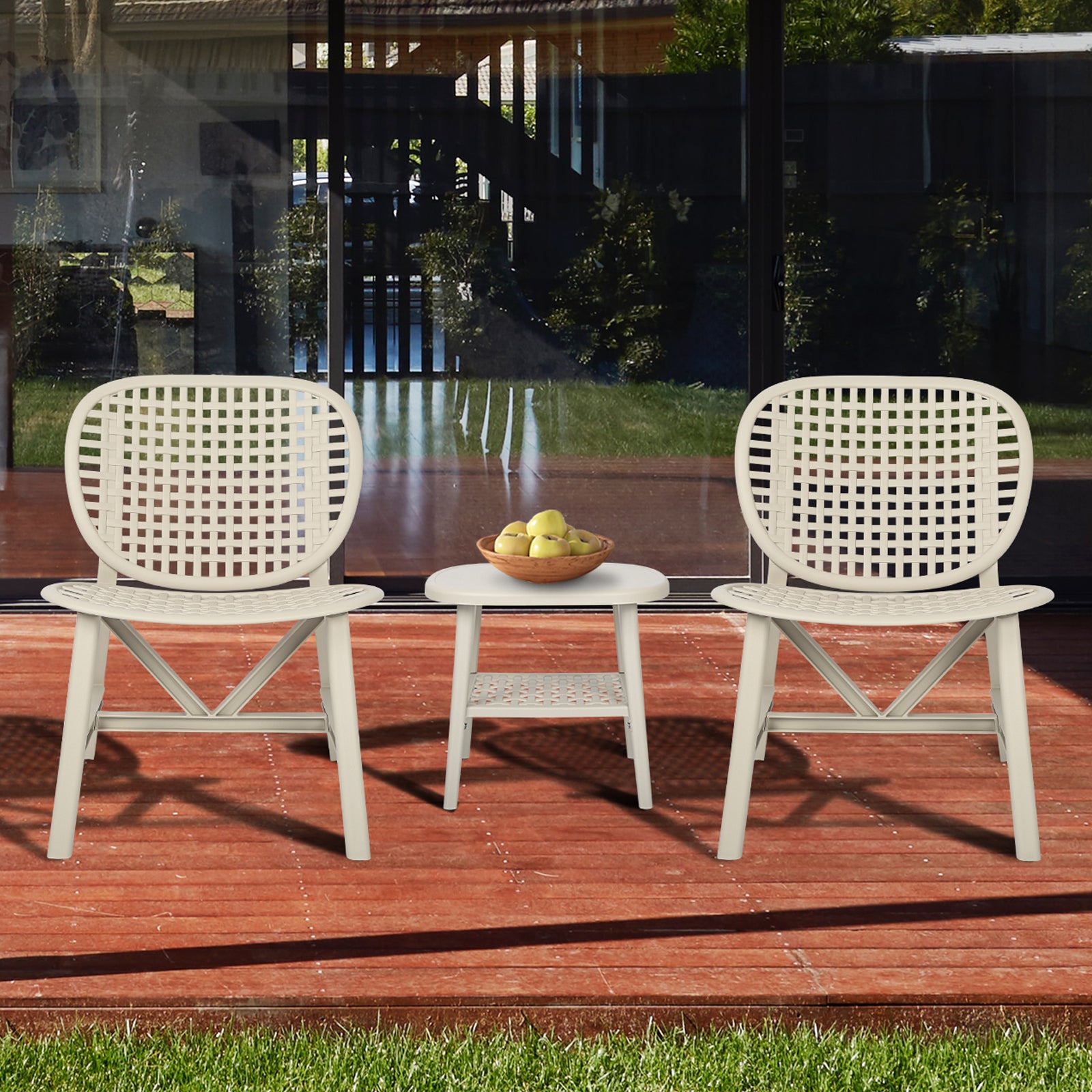 3 Pieces Hollow Design Retro Patio Table Chair Set All Weather Conversation Bistro Set Outdoor Table with Open Shelf and Lounge Chairs with Widened Seat for Balcony Garden Yard White