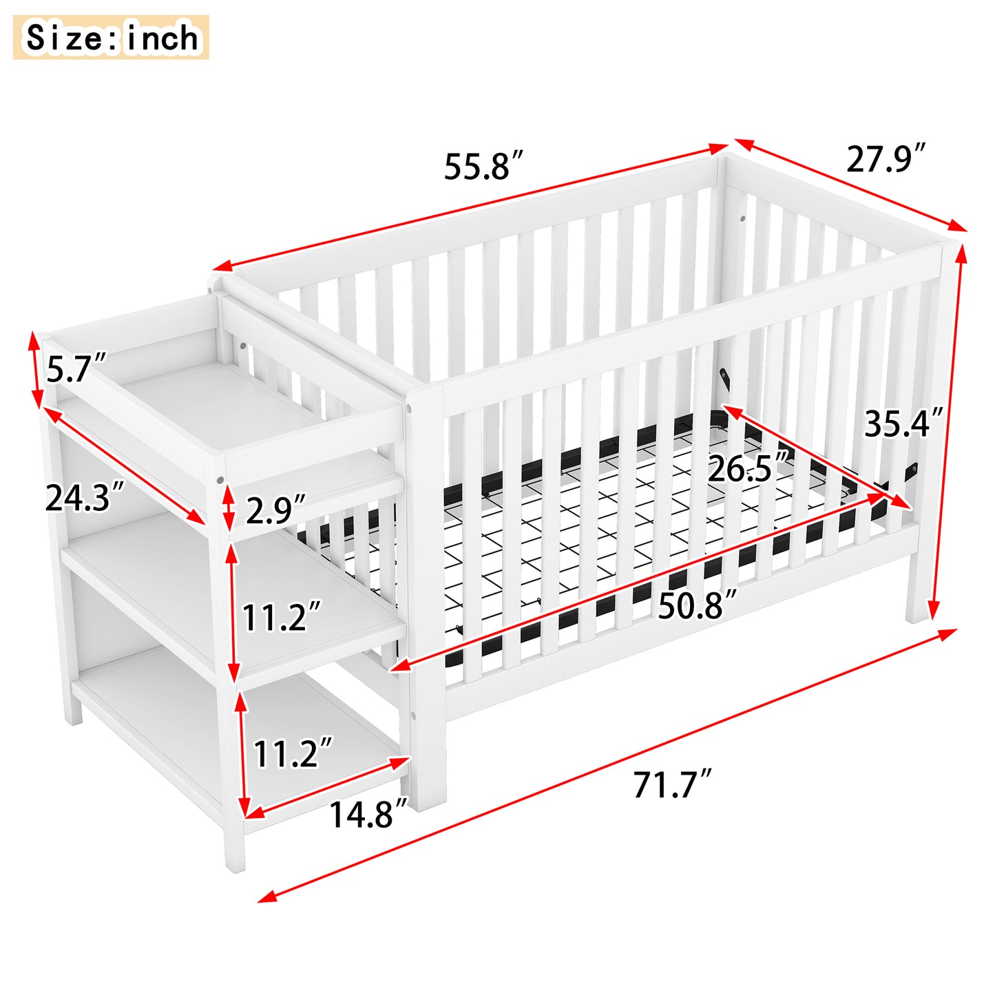 Convertible Crib with Changing Table, White