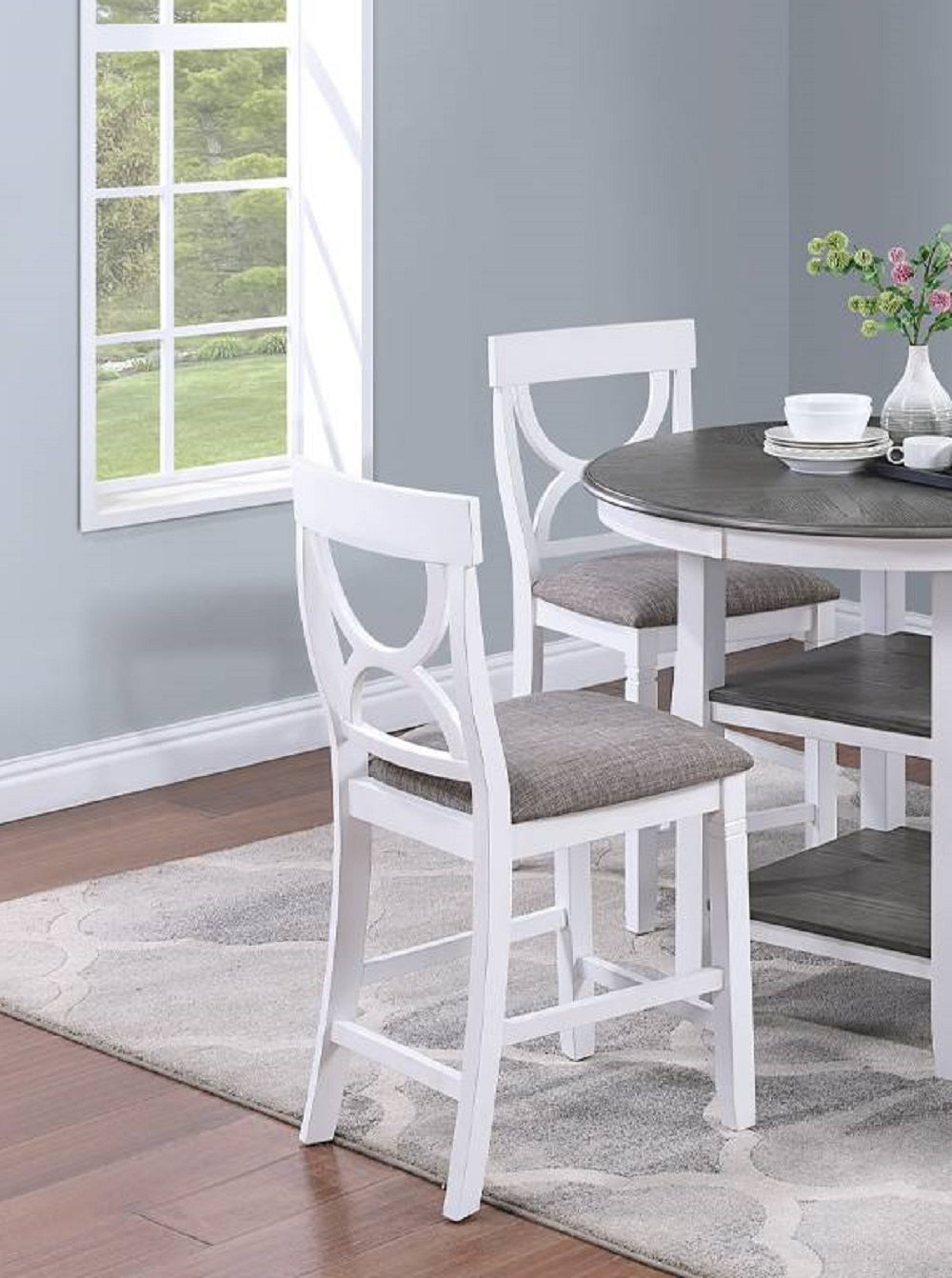 Counter Height Dining Table w Storage Shelve 4x Chairs Padded Seat Unique Design Back 5pc Dining Set White Color