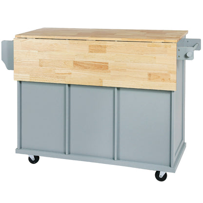 Kitchen Cart with Rubber wood Drop-Leaf Countertop ,Cabinet door internal storage racks,Kitchen Island on 5 Wheels with Storage Cabinet and 3 Drawers for Dinning Room, Grey Blue