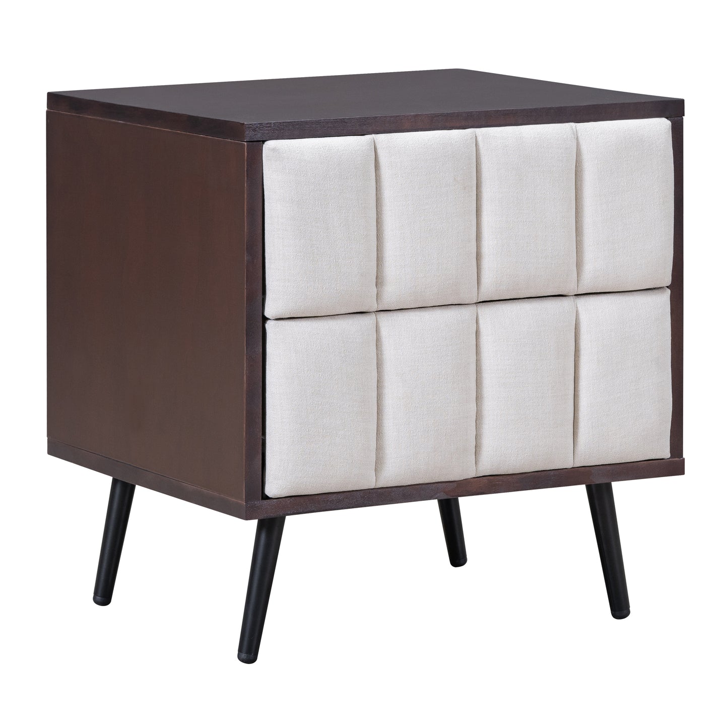 2-Drawer Nightstand for Bedroom, Mordern Wood+Linen Bedside Table with Classic Design,Walnut+Beige