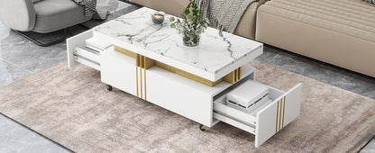 ON-TREND Contemporary Coffee Table with Faux Marble Top, Rectangle Cocktail Table with Caster Wheels, Moderate Luxury Center Table with Gold Metal Bars for Living Room, White