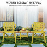 3 Pieces Hollow Design Patio Table Chair Set All Weather Conversation Bistro Set Outdoor Coffee Table with Open Shelf and Lounge Chairs with Widened Seat for Balcony Garden Yard Yellow