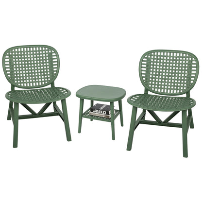 3 Pieces Hollow Design Retro Patio Table Chair Set All Weather Conversation Bistro Set Outdoor Table with Open Shelf and Lounge Chairs with Widened Seat for Balcony Garden Yard  Green