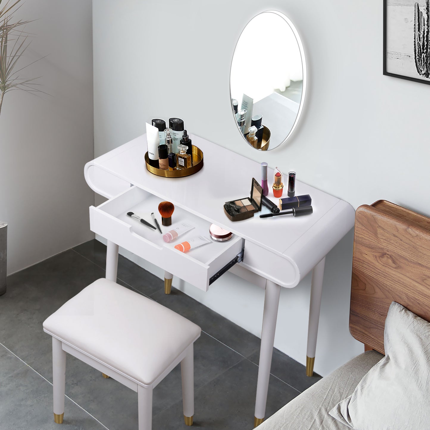 White Makeup Vanity Set with Stool, High Gloss Finish Dressing Table with Solid Stool,without Mirror!!!