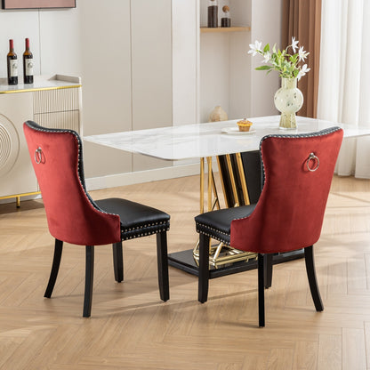 A&A Furniture, Nikki Collection Modern, High-end Tufted Solid Wood Contemporary PU and Velvet Upholstered Dining Chair with Wood Legs Nailhead Trim  2-Pcs Set, Black+WineRed, Burgundy,SW2101BW