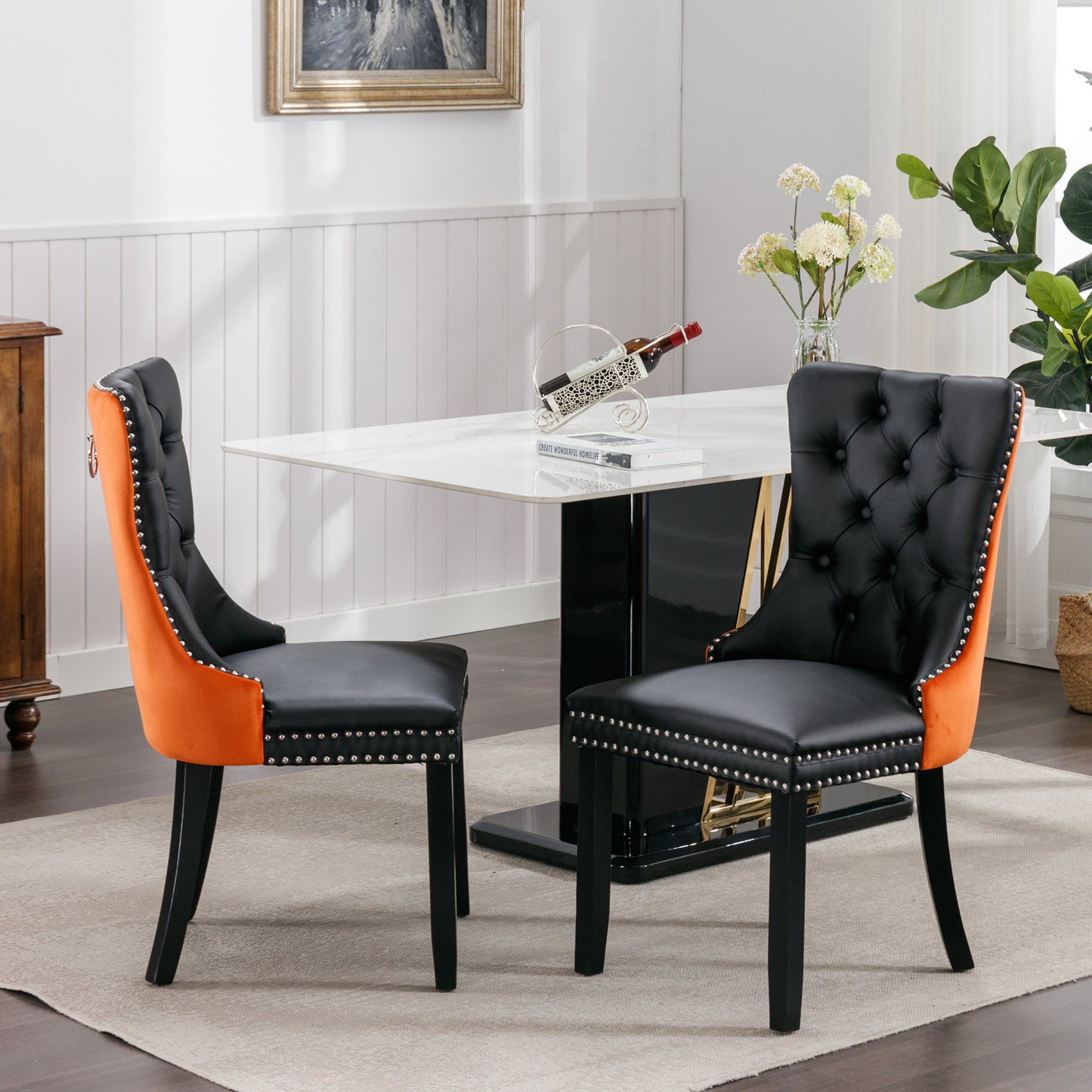 A&A Furniture,Nikki Collection Modern, High-end Tufted Solid Wood Contemporary PU and Velvet Upholstered Dining Chair with Wood Legs Nailhead Trim  2-Pcs Set，Black+Orange, SW2101BO