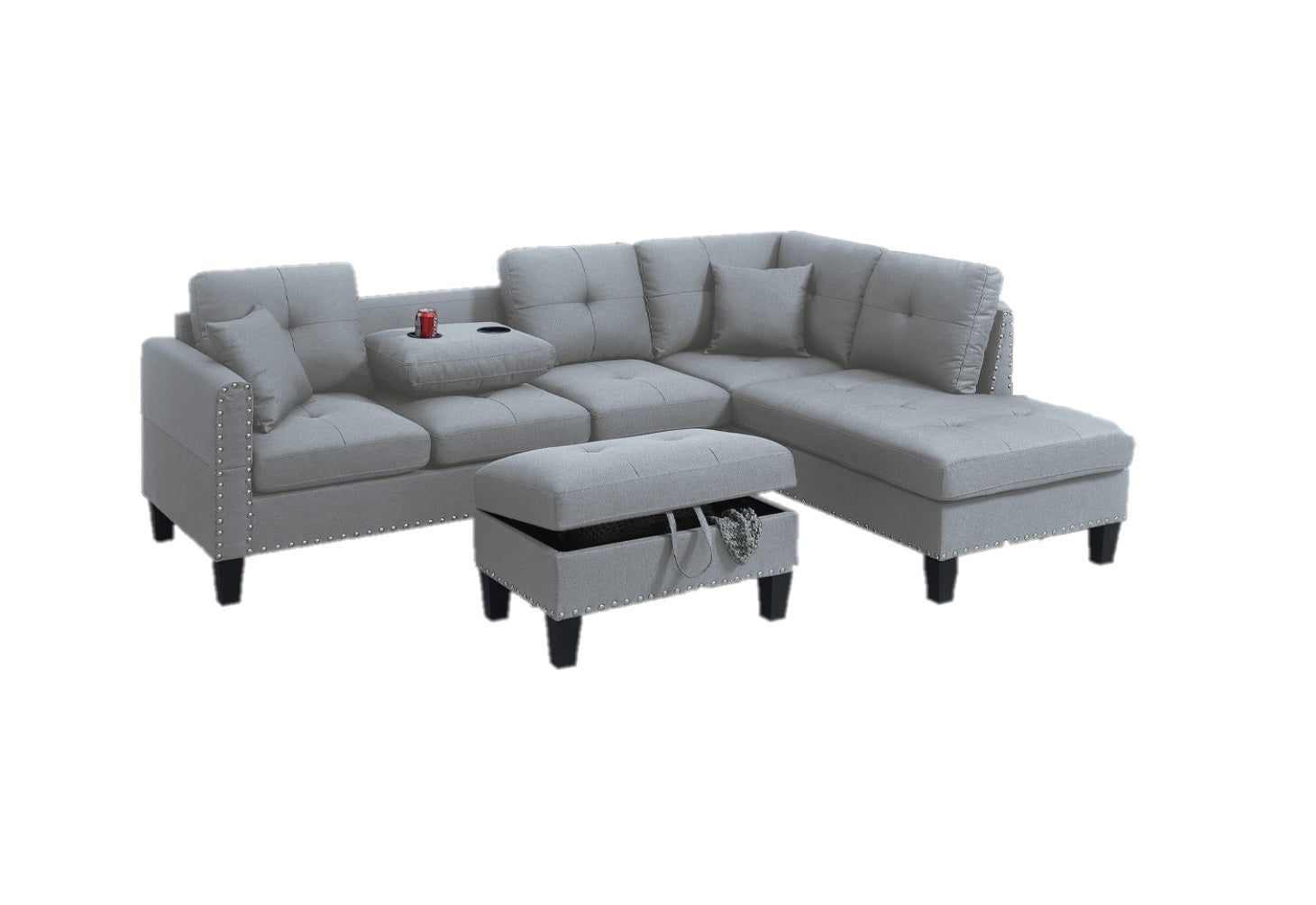 Living Room Furniture 3-PCS Sectional Sofa Set LAF Sofa RAF Chaise And Storage Ottoman Cup Holder Taupe Grey Color Linen-Like Fabric Couch