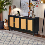 Handcrafted Premium Grain Panels,Rattan Sideboard Buffer Cabinet,Accent Storage Cabinet With 4 Rattan Doors, Modern Storage Cupboard Console Table with Adjustable Shelves for Living Room ,BLACK