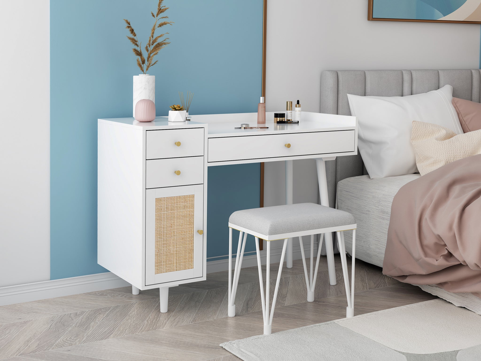 Makeup Vanity with Drawers, Mid-Century Dressing Table White Wood Desk with Rattan Door