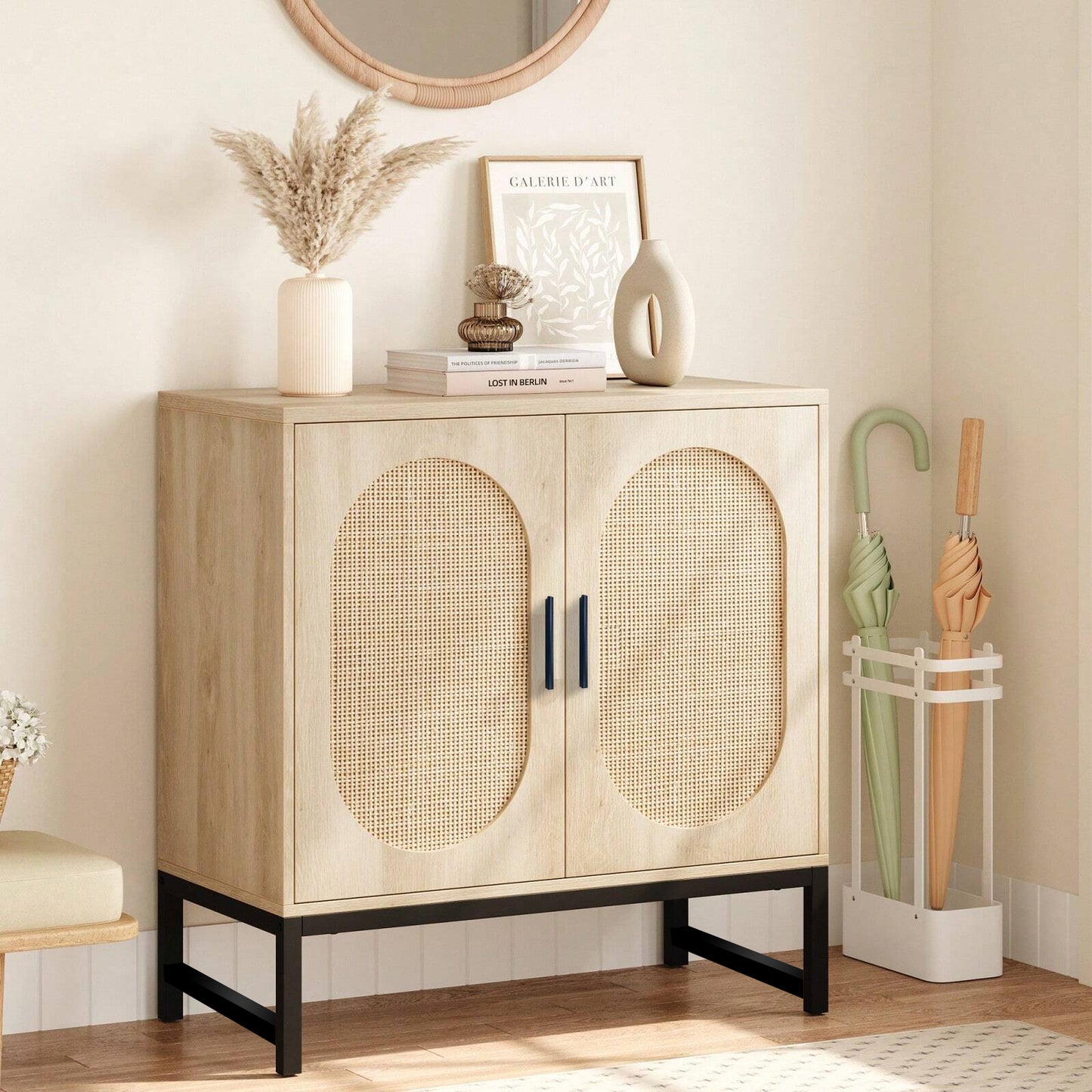 Glavbiku New Modern Rattan Arched 2 Door Storage Cabinet,Accent Cabinet with Metal Legs,31in L