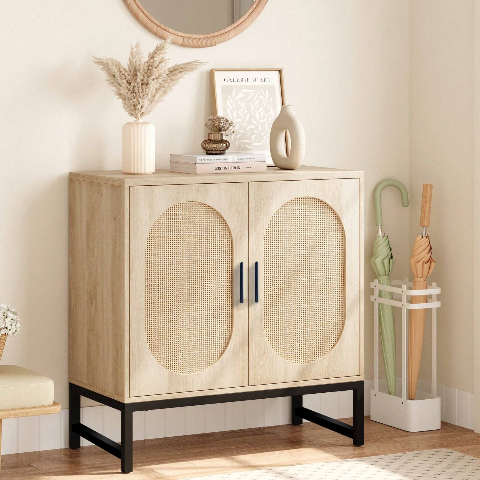 Glavbiku New Modern Rattan Arched 2 Door Storage Cabinet,Accent Cabinet with Metal Legs,31in L