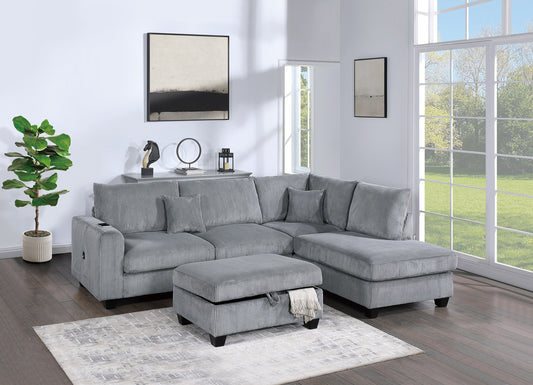 Contemporary 3pc Sectional Set Fog Color Corduroy Couch LAF Sofa RAF Chaise Ottoman L-Sectional Living Room