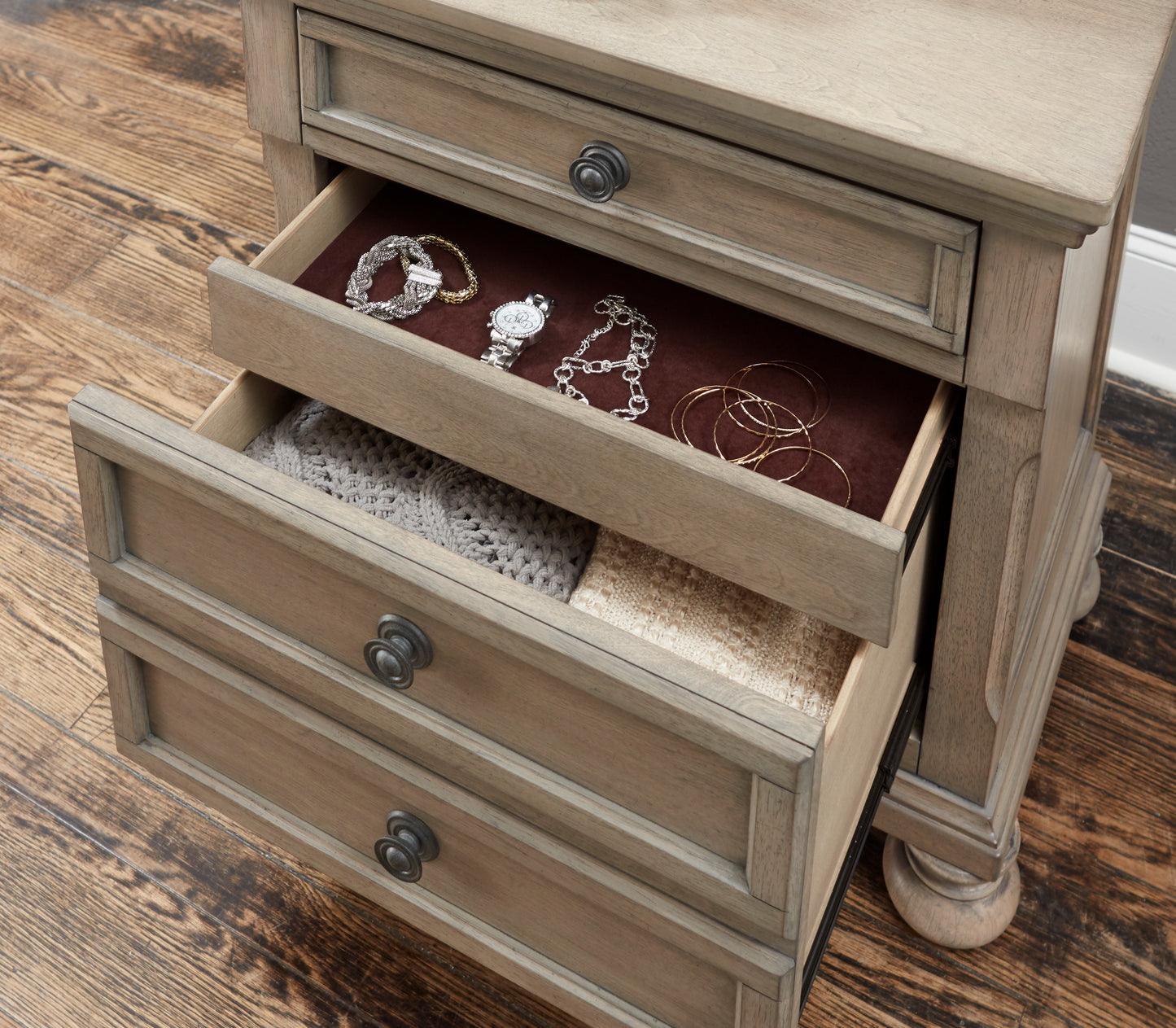 Transitional Bedroom Nightstand with Hidden Drawer Wire Brushed Gray Finish Birch Veneer Wood Bed Side Table