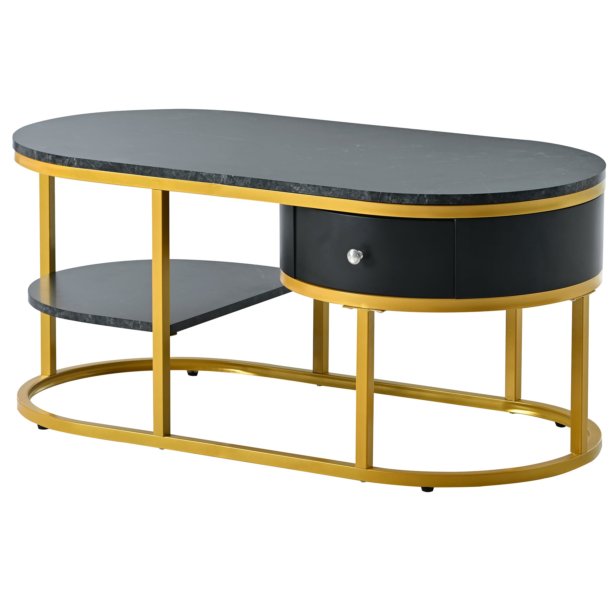 U-Can Modern Marble Golden Coffee Table, Metal Frame, with Drawers & Shelves Storage for Living Room