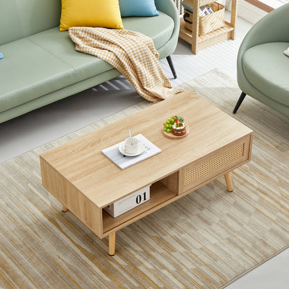 41.34" Rattan Coffee table, sliding door for storage, solid wood legs, Modern table  for living room , natural