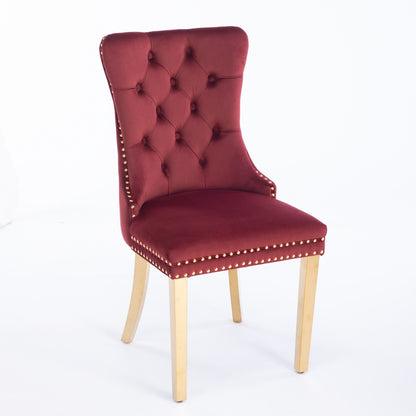 Nikki Collection Modern, High-end Tufted Solid Wood Contemporary Velvet Upholstered Dining Chair with Golden Stainless Steel Plating Legs,Nailhead Trim,Set of 2,Wine Red and Gold, SW1601WR,Burgundy