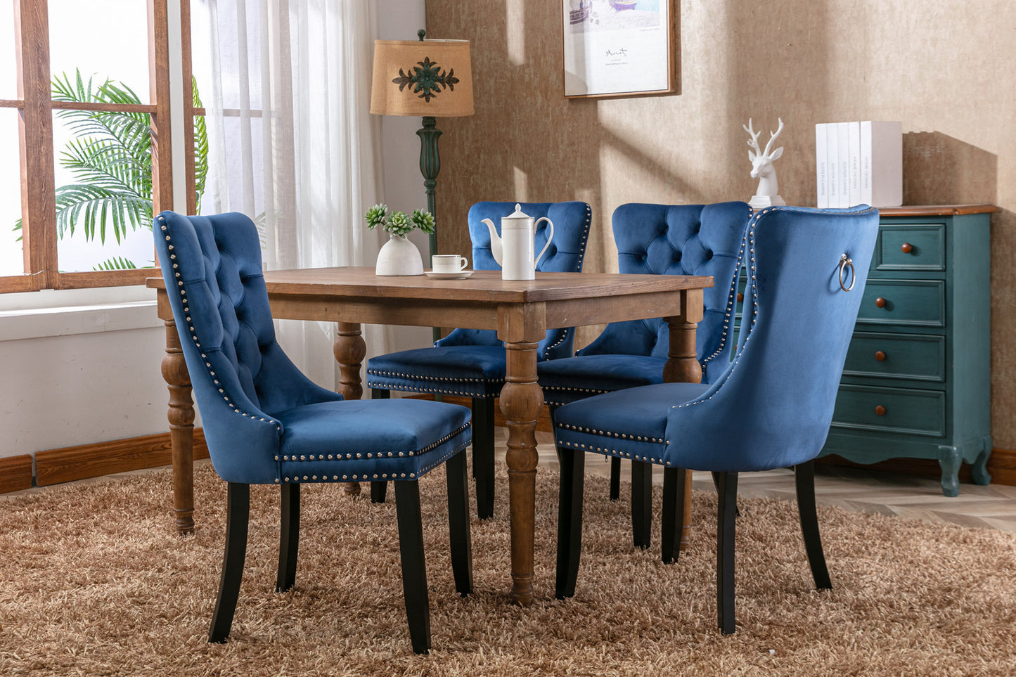 Nikki Collection Modern, High-end Tufted Solid Wood Contemporary Velvet Upholstered Dining Chair with Wood Legs Nailhead Trim 2-Pcs Set,Blue, SW2001BL