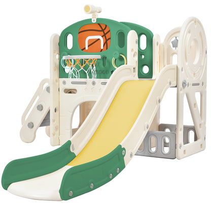 Kids Slide Playset Structure, Freestanding Castle Climbing Crawling Playhouse with Slide, Arch Tunnel, Ring Toss, and Basketball Hoop, Toy Storage Organizer for Toddlers, Kids Climbers Playground