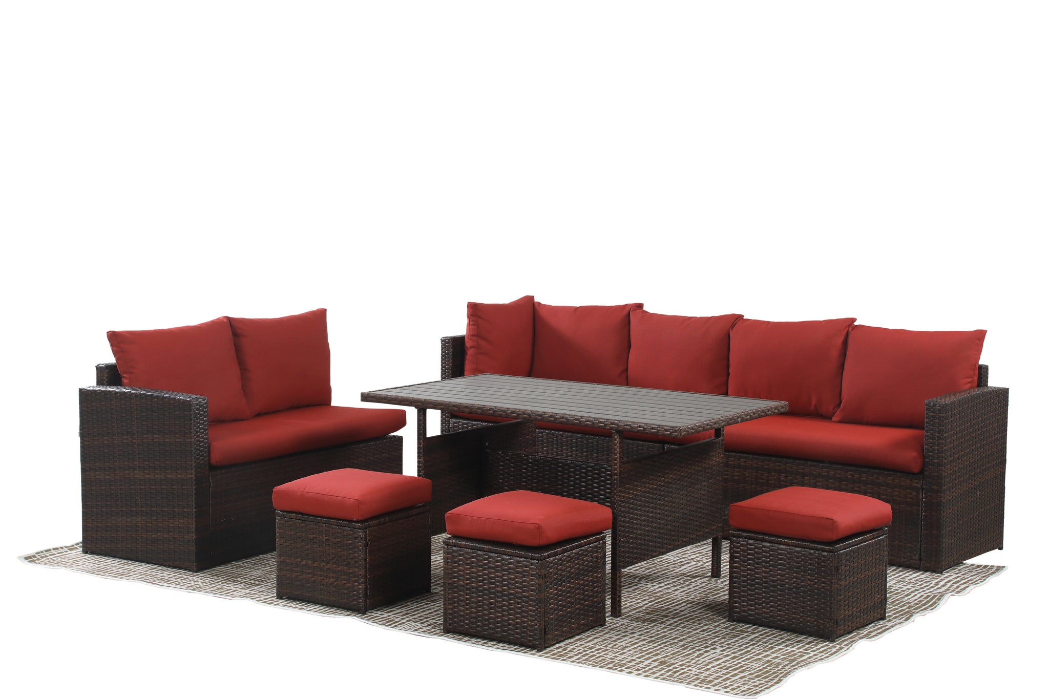 7-Pieces PE Rattan Wicker Patio Dining Sectional Cusions Sofa Set with Red cushions