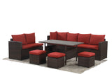 7-Pieces PE Rattan Wicker Patio Dining Sectional Cusions Sofa Set with Red cushions