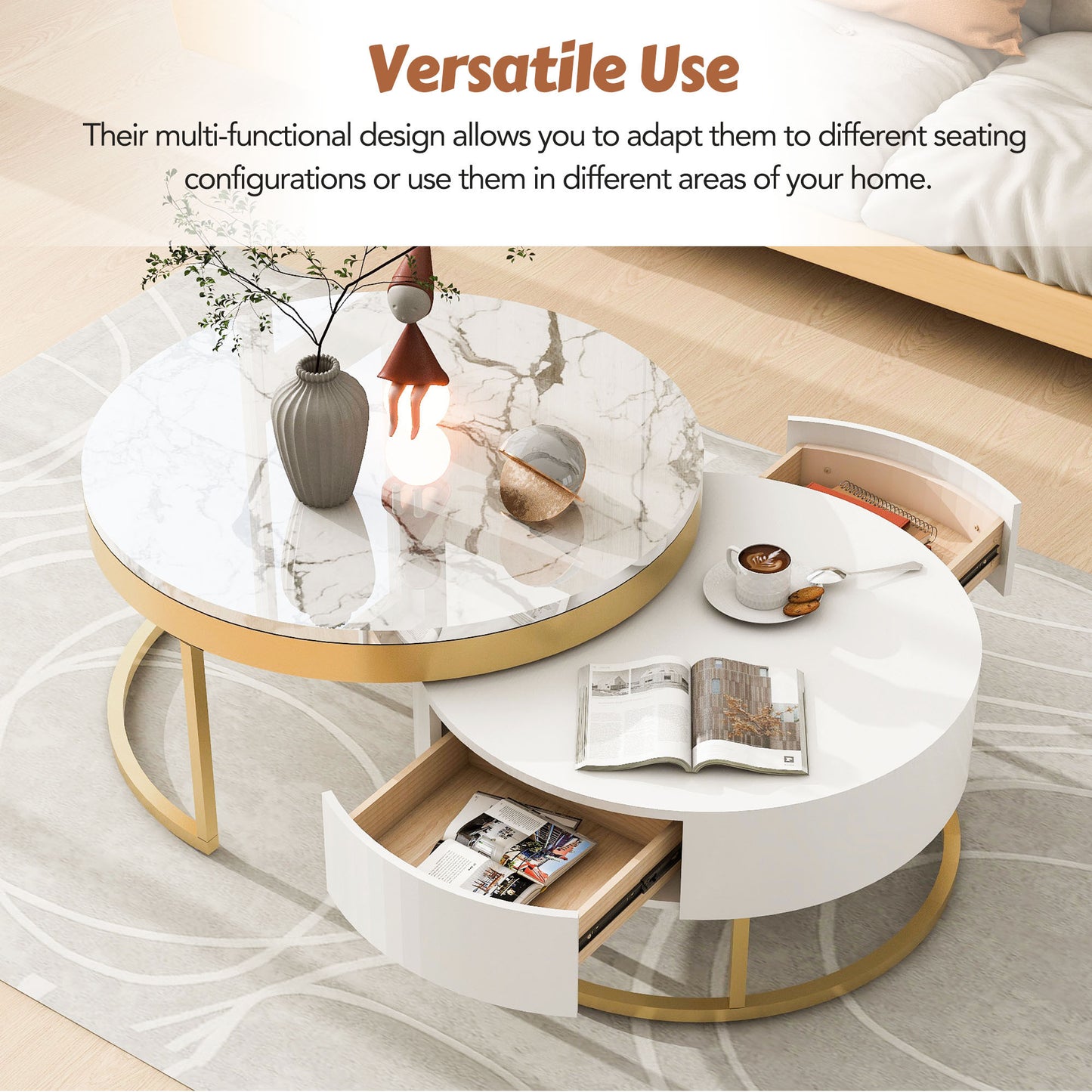 Modern Round  Nesting Coffee Table with Drawers in White