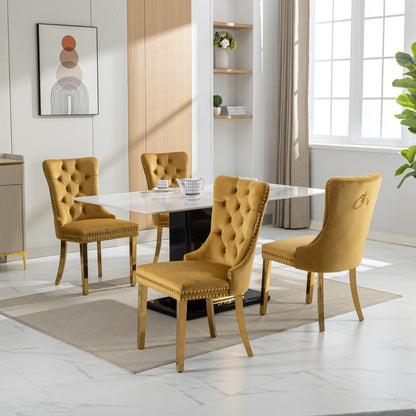 A&A Furniture,Nikki Collection Modern, High-end Tufted Solid Wood Contemporary Velvet Upholstered Dining Chair with Golden Stainless Steel Plating Legs,Nailhead Trim,Set of 2,Gold, SW1601GL