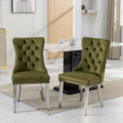 Nikki Collection Modern, High-end Tufted Solid Wood Contemporary Velvet Upholstered Dining Chair with Chrome Stainless Steel Plating Legs,Nailhead Trim,Set of 2,Olive-Green and Chrome, SW1701OL