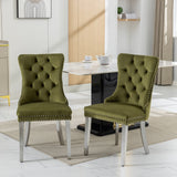 Nikki Collection Modern, High-end Tufted Solid Wood Contemporary Velvet Upholstered Dining Chair with Chrome Stainless Steel Plating Legs,Nailhead Trim,Set of 2,Olive-Green and Chrome, SW1701OL