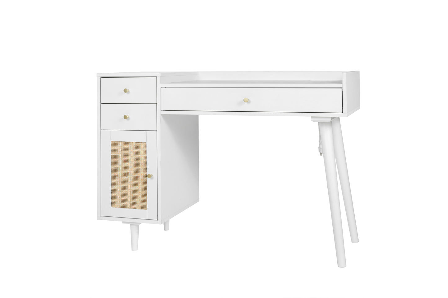 Makeup Vanity with Drawers, Mid-Century Dressing Table White Wood Desk with Rattan Door