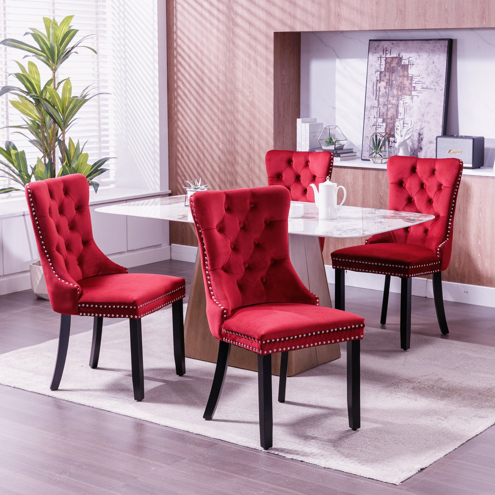 Classic Velvet Dining Chairs,  High-end Tufted Solid Wood Contemporary Velvet Upholstered Dining Chair with Wood Legs Nailhead, SET OF 2,Burgundy, Wine Red,SW2001WR