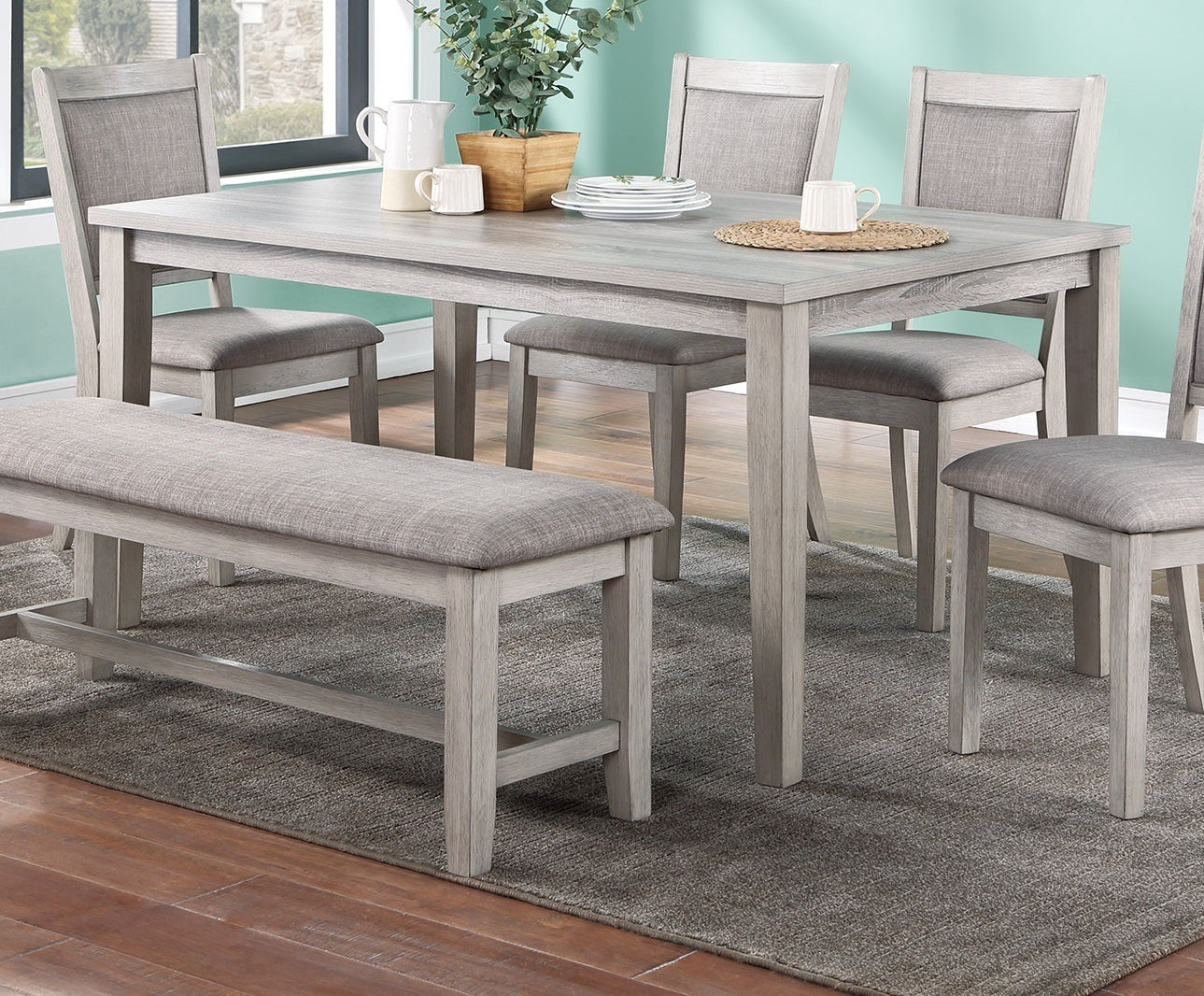 Contemporary Dining 6pc Set Table w 4x Side Chairs And Bench Natural Finish Padded Cushion Seats Chairs Rectangular Dining Table Dining Room Furniture