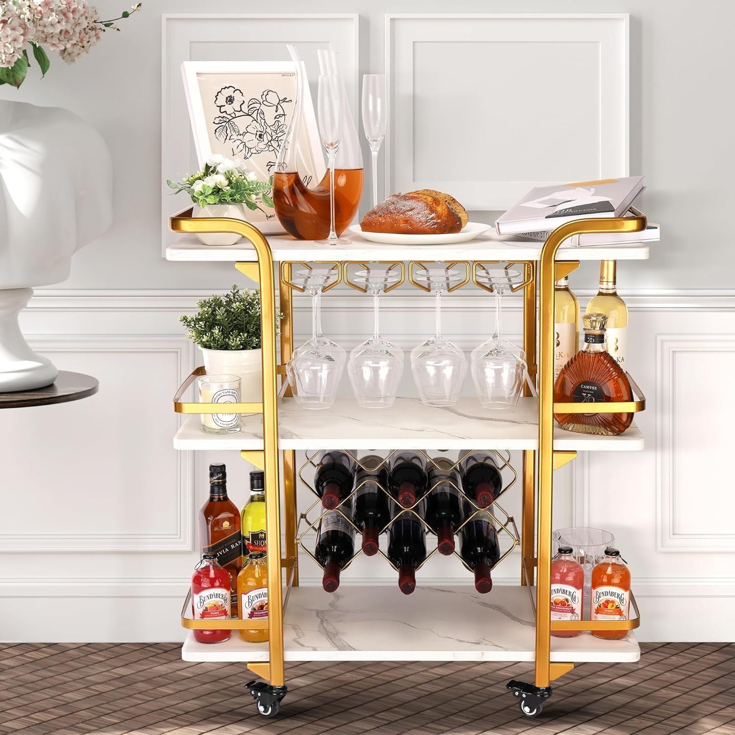 Gold Bar Cart with 3 Tiers for Stylish Storage, Home Bar Serving Cart with 4 Rows of Glass Holders & 8 Wine Racks, Modern Marbled Solid Wood Cart on Lockable Wheels, Coffee Bar Cart for Kitchen