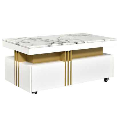 ON-TREND Contemporary Coffee Table with Faux Marble Top, Rectangle Cocktail Table with Caster Wheels, Moderate Luxury Center Table with Gold Metal Bars for Living Room, White