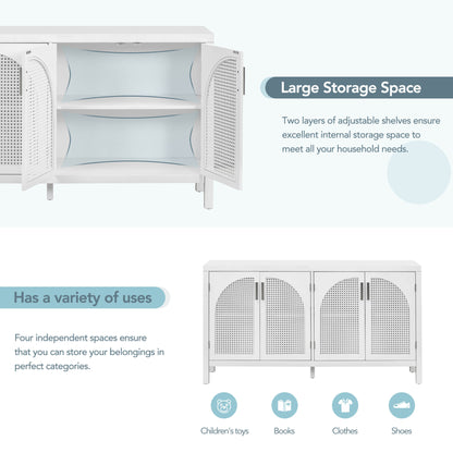 TREXM Large Storage Space Sideboard with Artificial Rattan Door and Metal Handles for Living Room and Entryway (White)