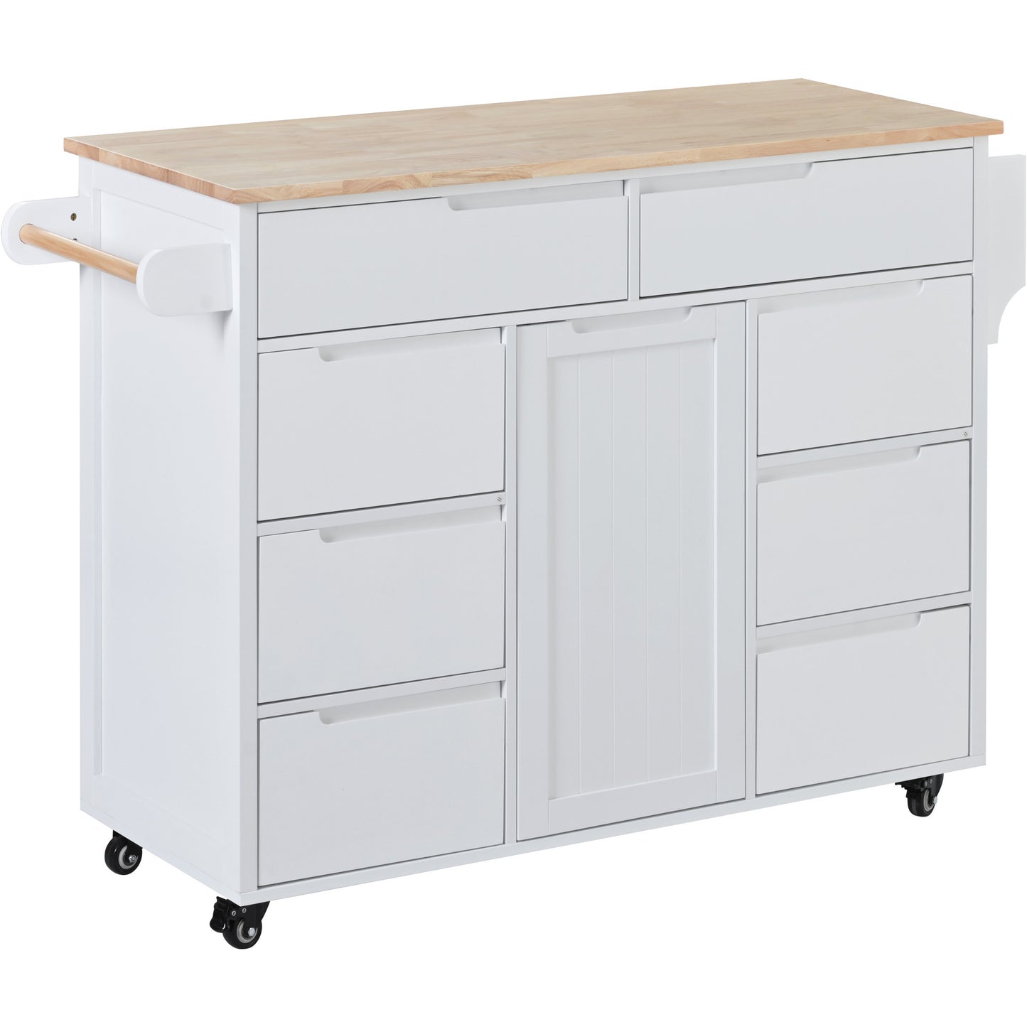 K&K Store Kitchen Cart with Rubber Wood Countertop , Kitchen Island has 8 Handle-Free Drawers Including a Flatware Organizer and 5 Wheels for Kitchen Dinning Room, White