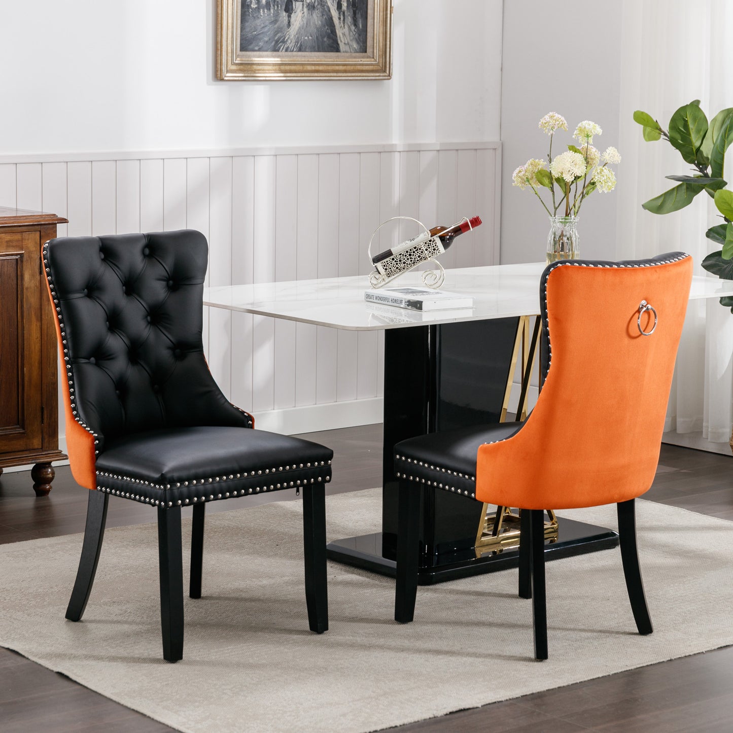 A&A Furniture,Nikki Collection Modern, High-end Tufted Solid Wood Contemporary PU and Velvet Upholstered Dining Chair with Wood Legs Nailhead Trim  2-Pcs Set，Black+Orange, SW2101BO