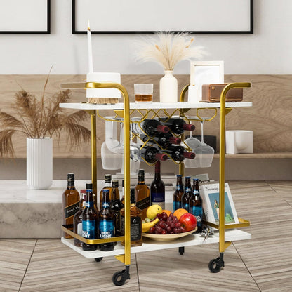 Deluxe Gold Bar Cart, with Glass Holders and Wine Racks, Modern Marbled Solid Wood Cart on Silent Wheels, 2-Tier Premium Texture Bar Cart for Kitchen and Dining Room Outdoor