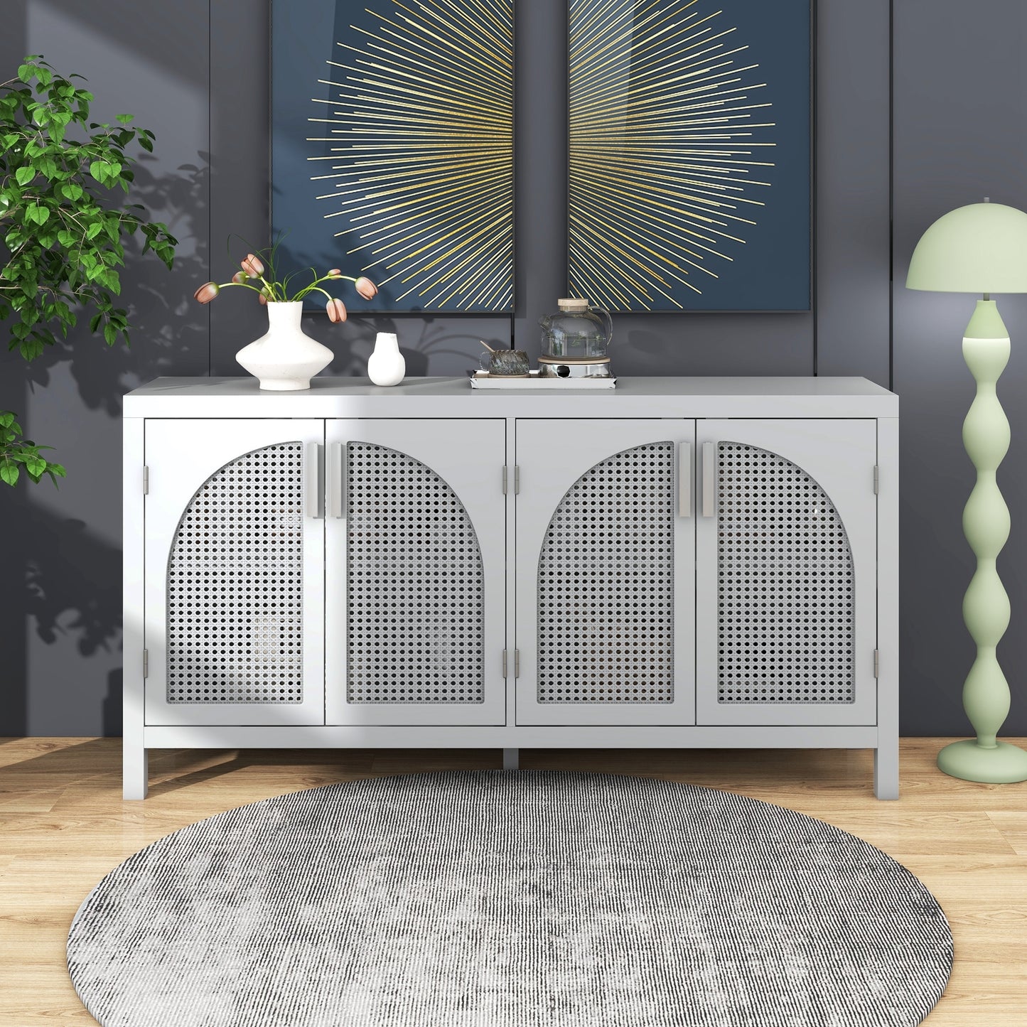 TREXM Large Storage Space Sideboard with Artificial Rattan Door and Metal Handles for Living Room and Entryway (Gray)