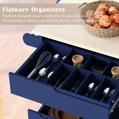 K&K Store Kitchen Cart with Rubber Wood Countertop , Kitchen Island has 8 Handle-Free Drawers Including a Flatware Organizer and 5 Wheels for Kitchen Dinning Room, Dark Blue